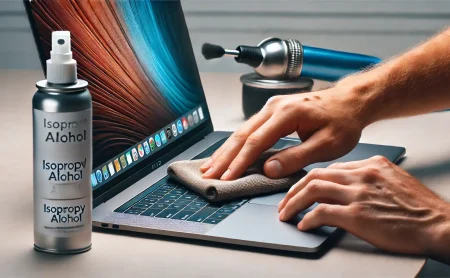 DALL·E 2024 08 16 03.09.31 A detailed close up image of a person cleaning a laptop. The person is using a microfiber cloth to wipe the screen with a can of compressed air and a 15