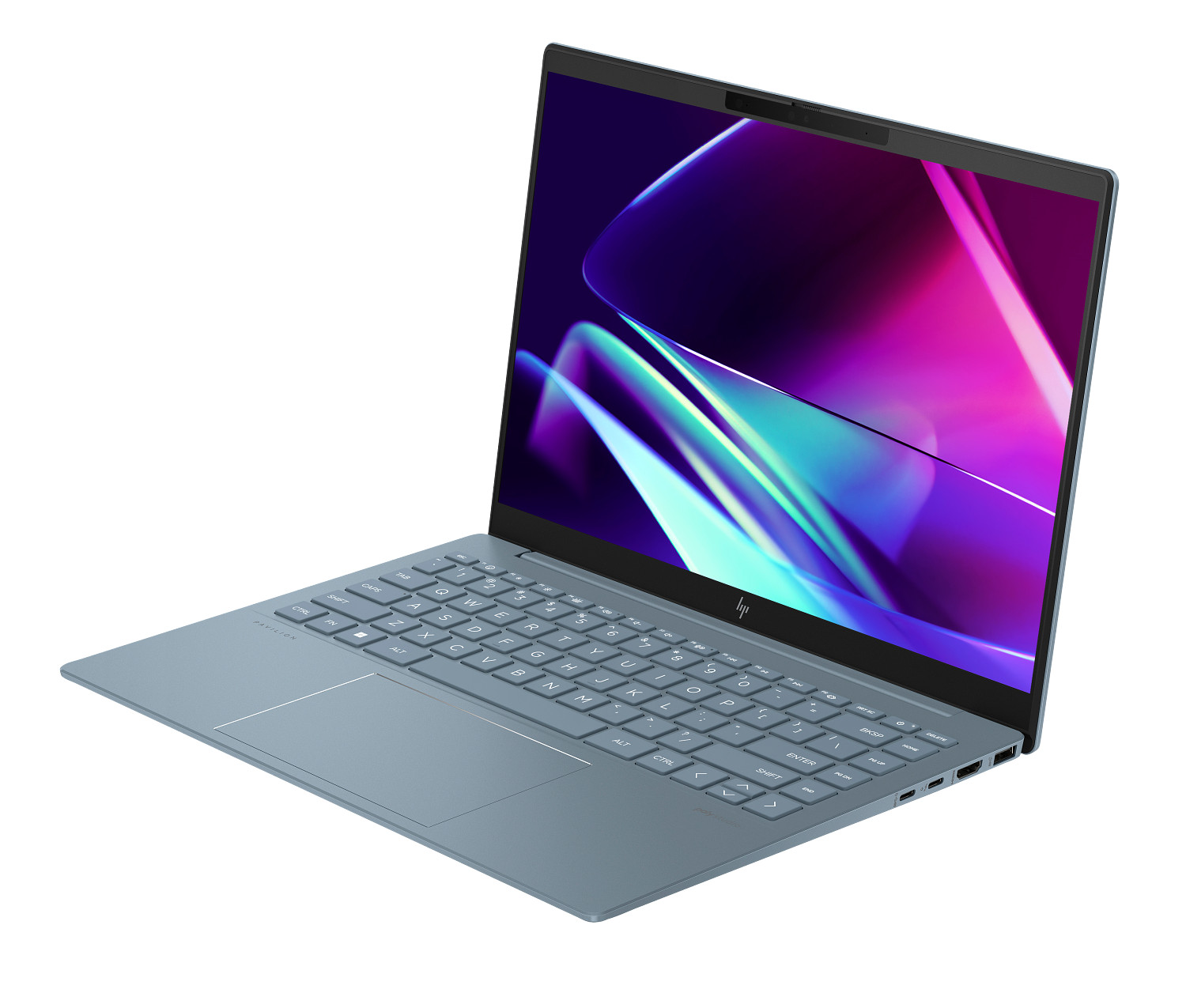 24C1 HP Pavilion Plus 14 inch Laptop PC MoonlightBlue NT 5MP IRCam nonFPR Premium background CoreSet FrontLeft Wh M1548370 12488